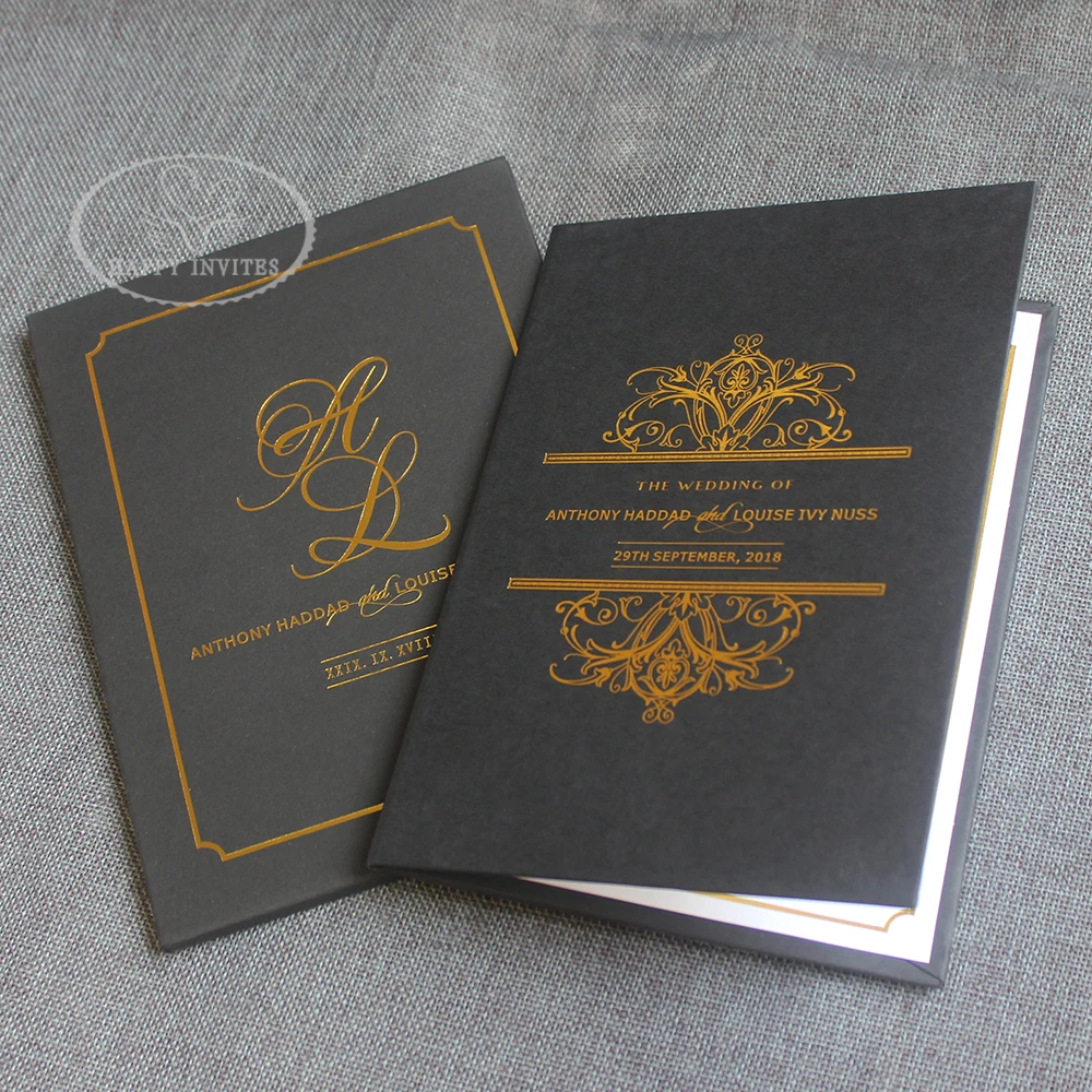 

Free Shipping HI1161 Custom Black Hard Cover Wedding Invitation Card with Gold Foil Printing at Factory Price