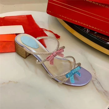 

Bling Crystal Butterfly Knot Med Heels Shoes Women Summer Slides Beach Genuine Leather Casual Shoes Desginer Brand New Arrivals