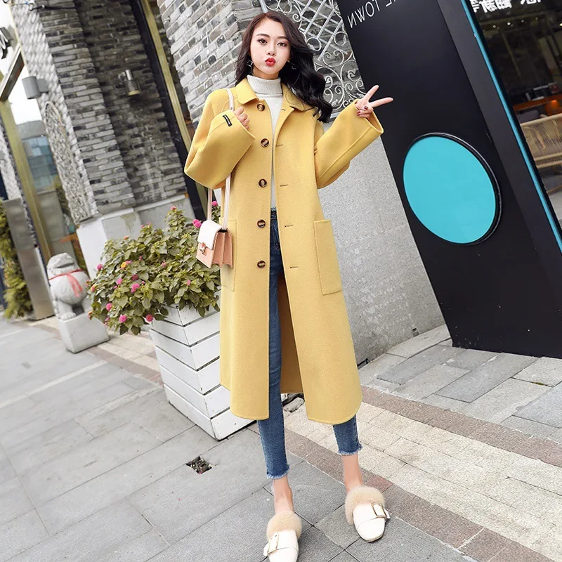 

Off Season Yellow Woolen Jacket Women's Mid-length Korean-style 2019 New Style Autumn And Winter Popular over-the-Knee Woolen Ov