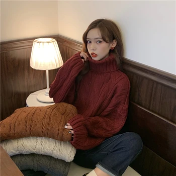 

YAMDI 2020 knitted oversized elegant pullover thick sweater women loose cute spring winter korean jumper vintage turtleneck lady