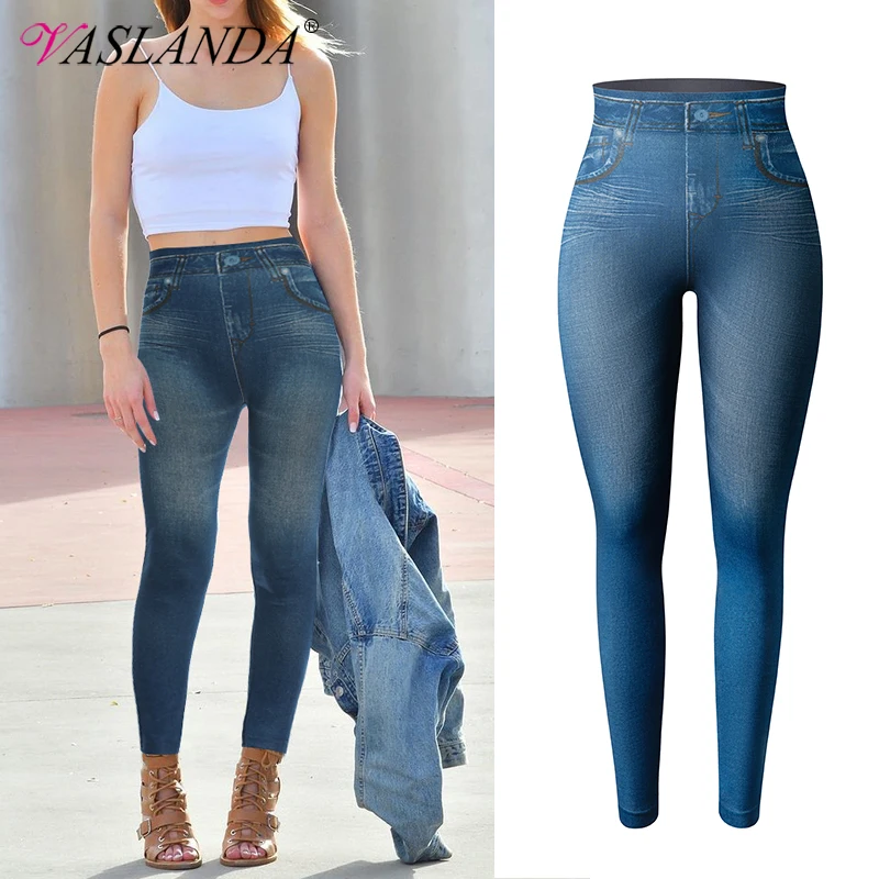 Las mujeres Jeggings falso tejano vaqueros mallas de cintura alta barriga Control Slim Leggins lápiz pantalones sin pantalones