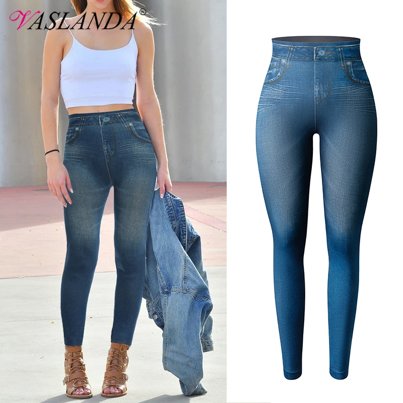 Women's Ladies Blue Distressed Skinny Slim High Waisted Denim Jeans Jegging Pant 