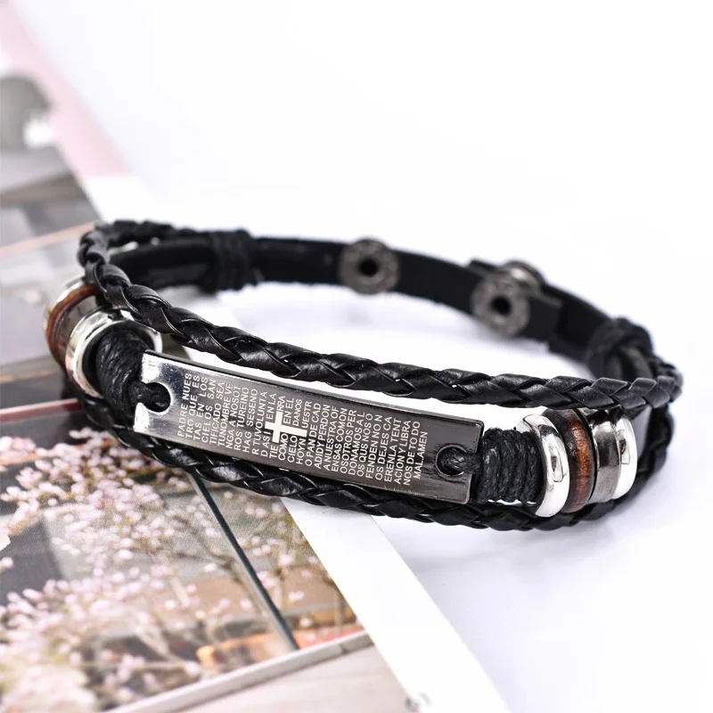 Stainless Fashion Steel Charm Black Men Bracelet Leather
