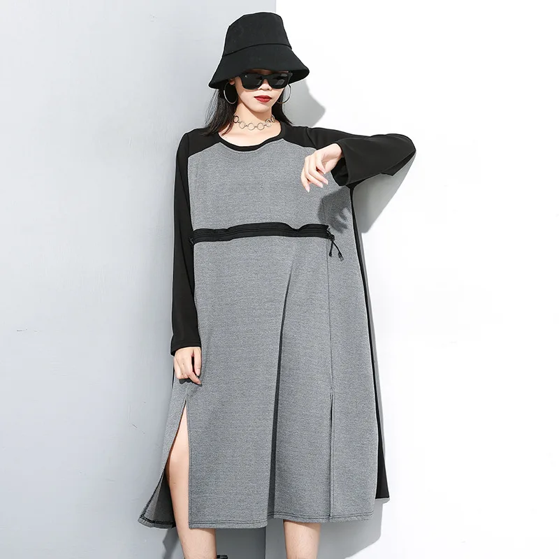 Gray J258 Новинка, корейский стиль, Женское зимнее длинное черное серое платье, пэтчворк, длинный рукав, на молнии, размера плюс, женское платье размера плюс J258 - Цвет: Gray J258