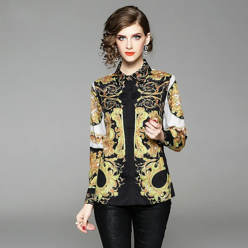 

New 2019 Autumn Womens Tops And Blouses Long Sleeve Baroque Pattern Print Chiffon Blouse OL Work Wear Blusas Ladies Office Shirt