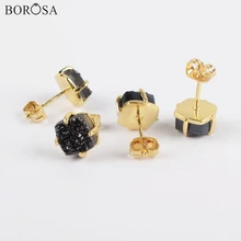 BOROSA 5 пар новое поступление позолоченный коготь 8 мм квадратный натуральный Агаты Титан Черный друзы серьги гвоздики Drusy серьги ювелирные изделия ZG0429