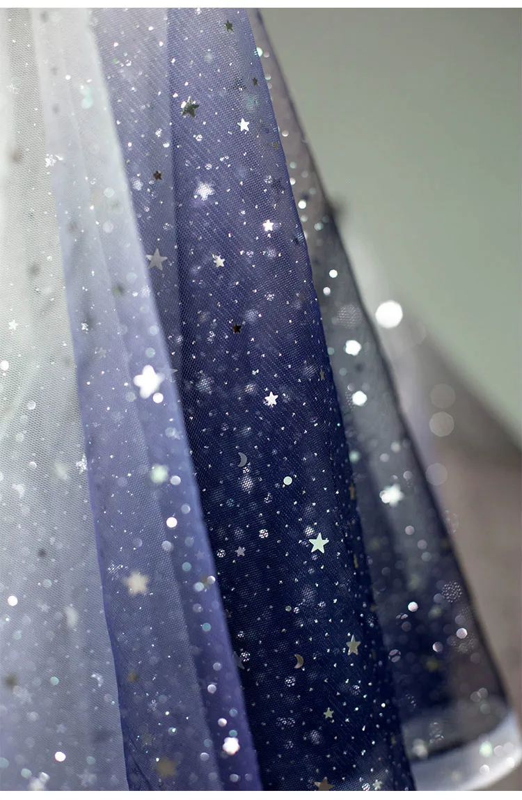 Soft Fabric Chiffon Fabric Sheer Dancing Dress Material Blue White Gradient Stars Gauze Sequin Mesh