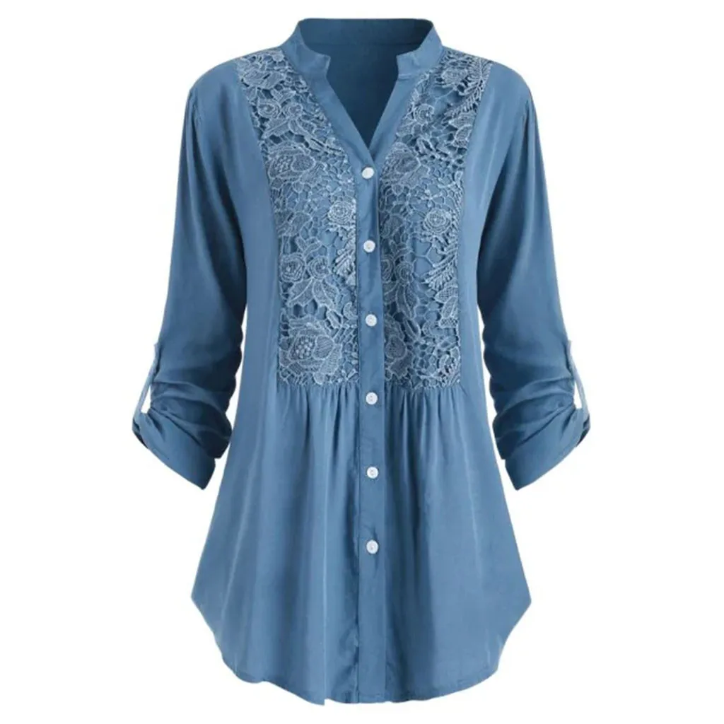 satin blouse Large Size Long Sleeve Blouse Women Hot Sale Lace Shirt Tops Spring Autumn Casual Tunic Shirts Single-breasted Button Blouse #J long sleeve tops