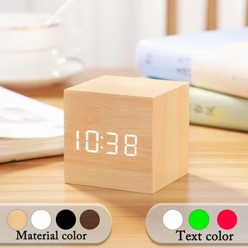 

Small Square Digital Wooden LED Alarm Clock Wood Retro Glow Clock Desktop Table Decor Voice Control Snooze Function Desk Tools