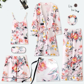 

JULY'S SONG New Woman 7 Pieces Cotton Pajamas Set Printed Colorful Leisure Sleepwear Spring Autumn Shorts Woman Female Home Wear