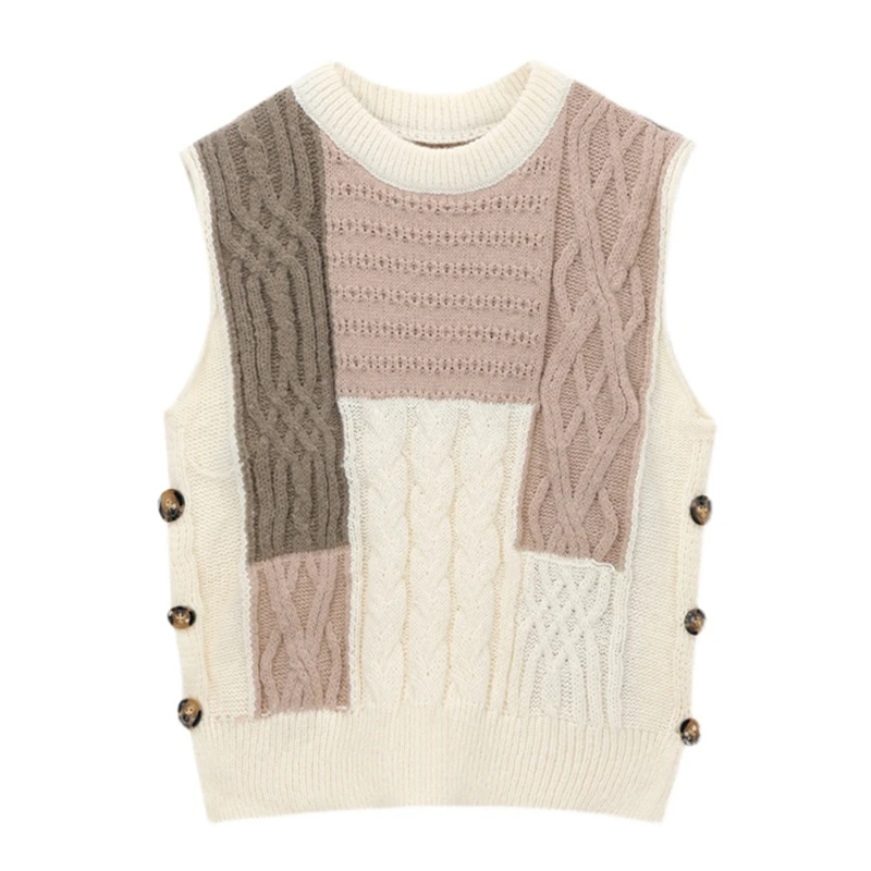 Female Knitwear Vest Autumn Winter Design Sense Retro Knitted Twist Loose Sleeveless Color Contrast Stitching Sweater Women |