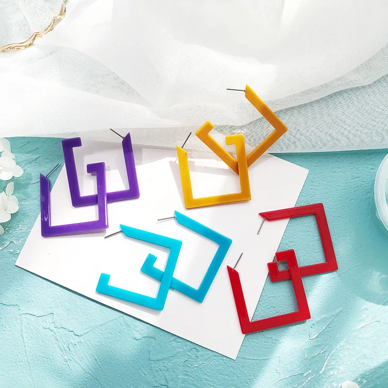 

Red Blue Yellow Purple Acrylic Resin Acetate Stone C Shape Long Dangle Earrings Big Drop Earrings for Women Jewelry Fashion