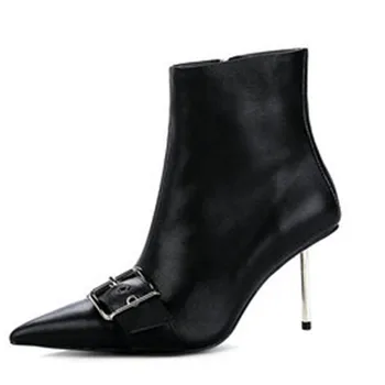 

Metal Thin High Heels Ankle Boots For Women Runway Pointed Toe Winter Shoes Ladies Leather Metal Belt Buckle Short Boots Woman