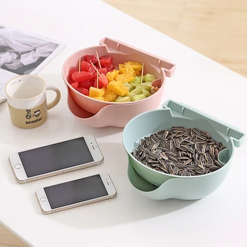 

Newly High Quantity Lazy Snack Bowl Plastic Double-Layer Snack Kitchen Storage Box Fruit Filter Bowl With Mobile Phone Holder