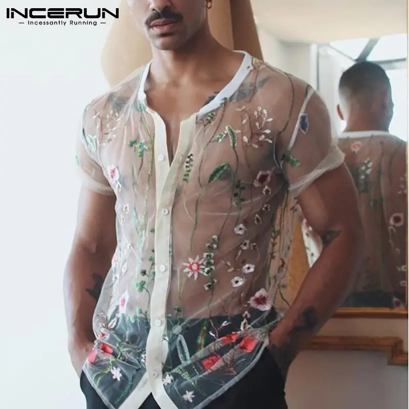INCERUN Fashion Men Mesh Shirts Embroidered Short Sleeve Breathable Sexy See Through Tops Button Party Nightclub Shirts 5XL