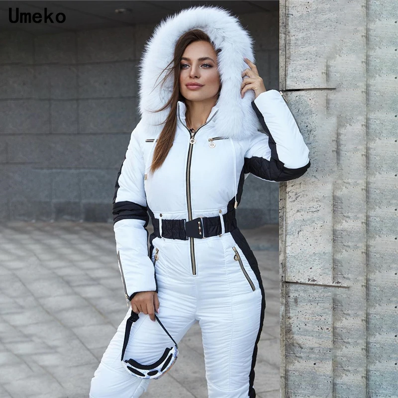 Fashion New Winter Women's Hooded Jumpsuits Parka Cotton Padded Warm Sashes Ski Suit Straight Zipper One Piece Casual Tracksuits 1
