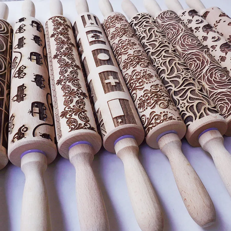 

Christmas Halloween Rolling Pins Rock Snowflake Wooden Rolling Embossing Baking Cookies Biscuit Fondant Cake Patterned Roller