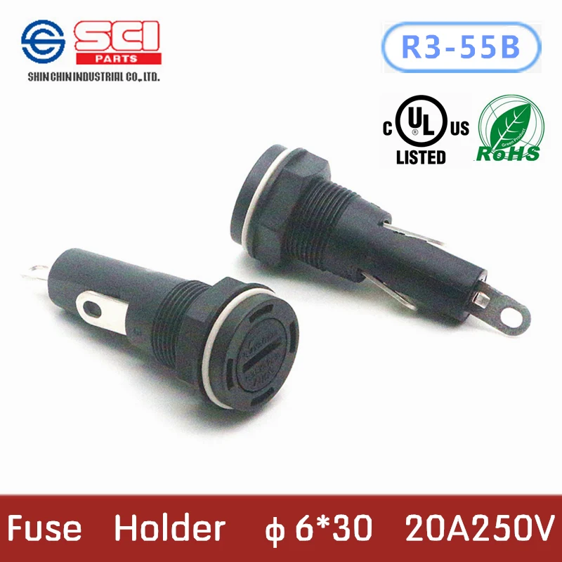 

R3-55B/Taiwan SCI Fuse Holder/phenolic (UL flame:94V-2)/ 20A 250V 6*30mm/fuseboxes/2pcs in pack/no fuse inside