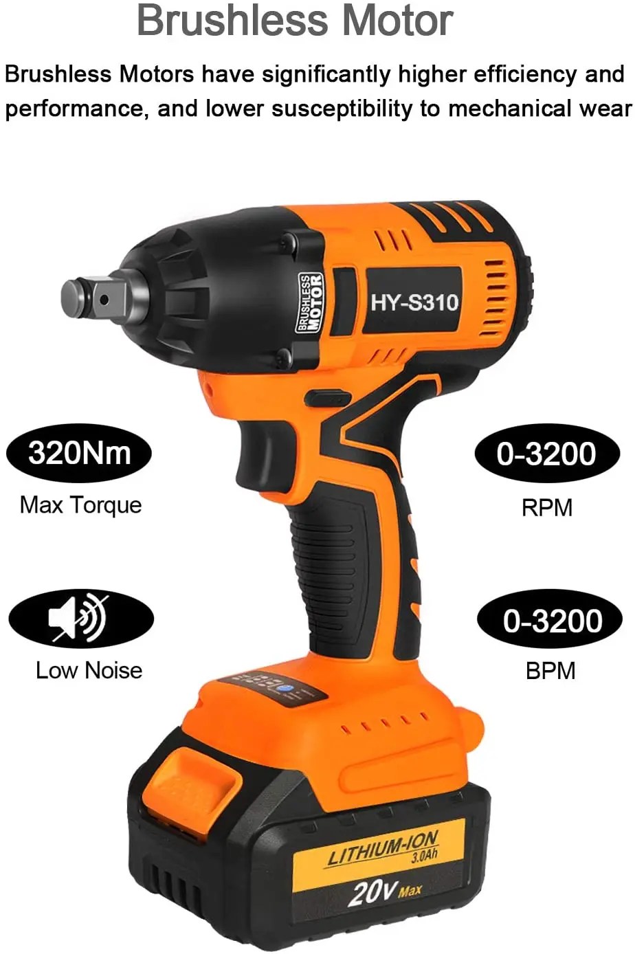 

20V Cordless Impact Wrench Brushless Motor 320N.M Max Torque 3AH Lithium-ion Battery, Fast Charger Belt Hook and Tool Bag