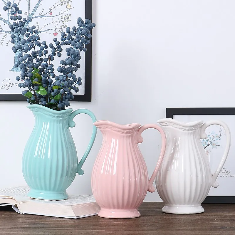 

Ceramic Kettle Flower Vase Pure Color Gray Pink Blue White Flower Arrangement Milk Pot Stylist Farmhouse Style Pot Bottle