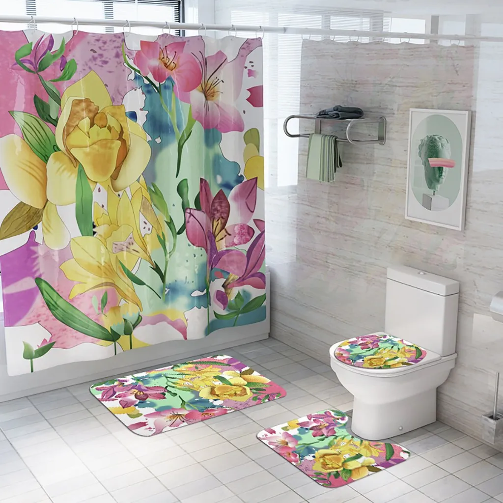 

4PCS Non Slip Toilet Polyester Cover Mat Set Bathroom Shower Curtain Aug#30