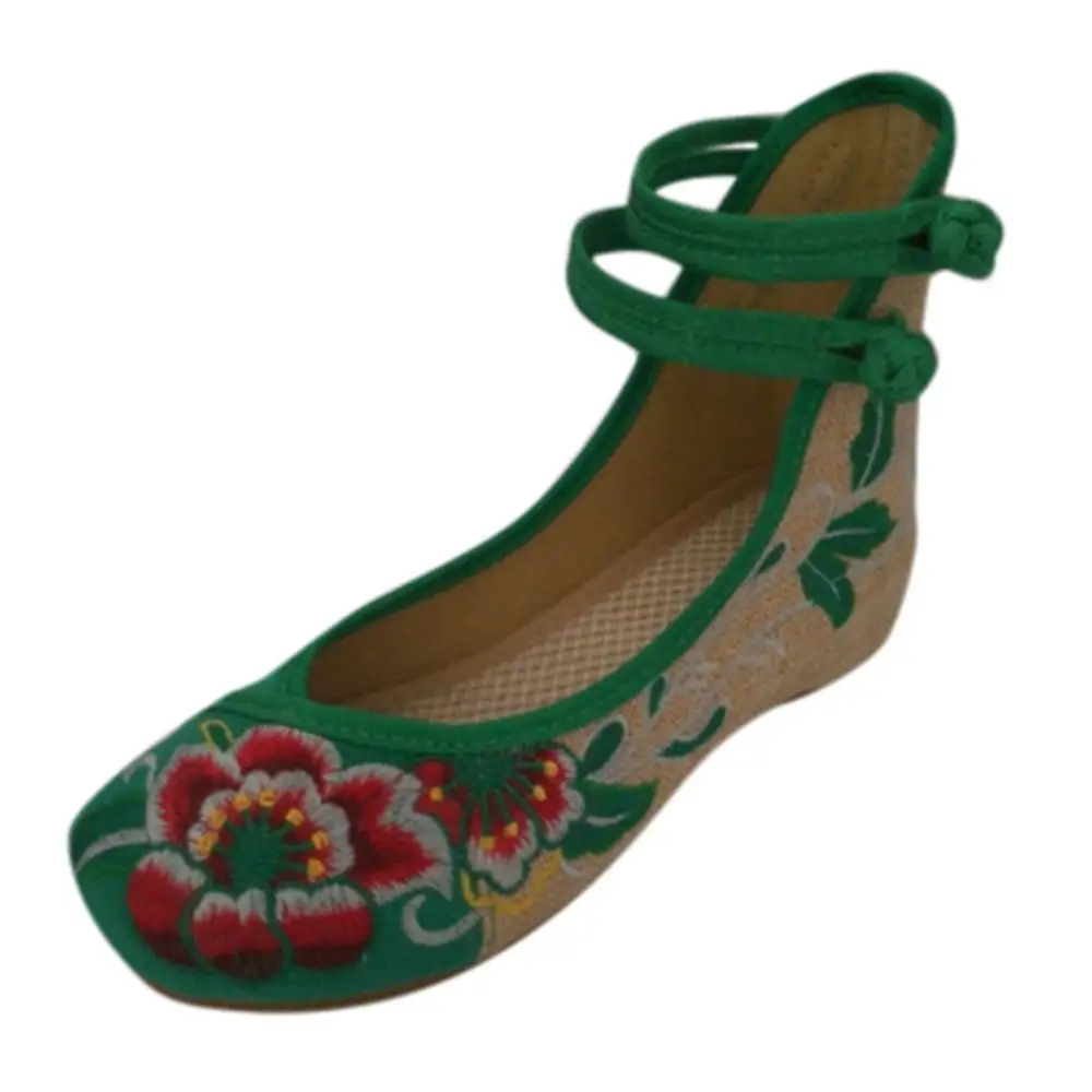 

Women Embroidered Shoes High To Help Increase Ankle Double Strap Canvas Floral Shoes Stitching Color Buckle Strap Moccasins
