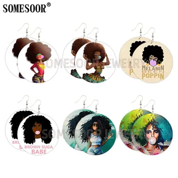 

SOMESOOR Melanin Been Poppin Bubble Gum Girl Arts Printed Wooden Drop Earrings SUGA BABE Afro Hair Loops Dangle For Women Gifts