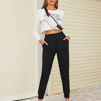 

2019 New Women High Waist Black Solid Color Zipper Hem Elastic Waist Long Sweatpants Slim Lady Trousers