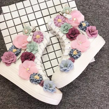 

European station autumn new handmade sweet heavy color flowers thick-soled platform platform shoes canvas shoes women's shoes