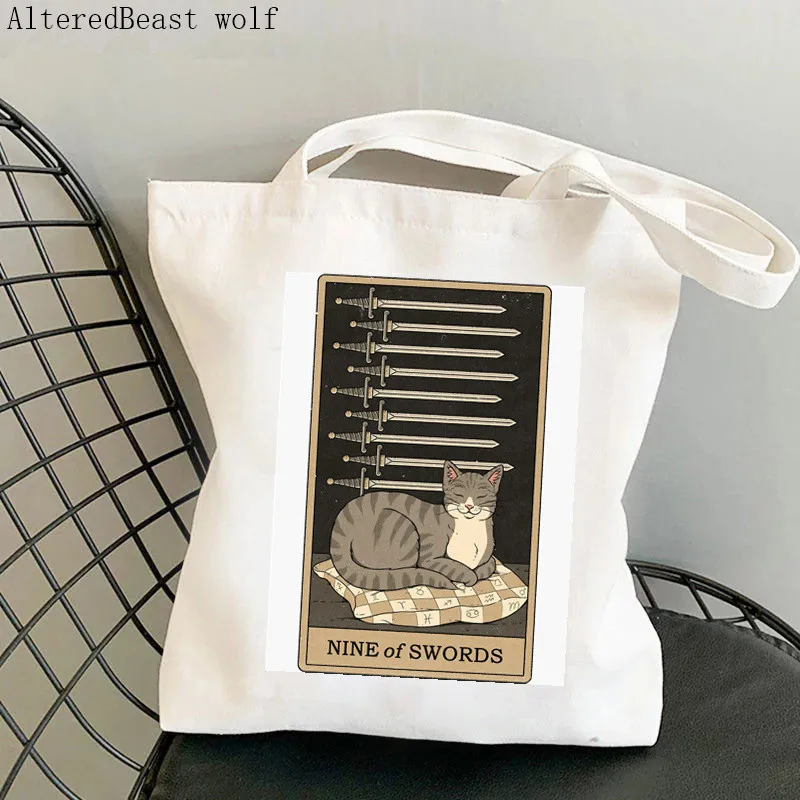 Women Shopper bag Nine of Pentacles cat Tarot Bag Harajuku Shopping Canvas Shopper Bag girl handbag Tote Shoulder Lady Bag