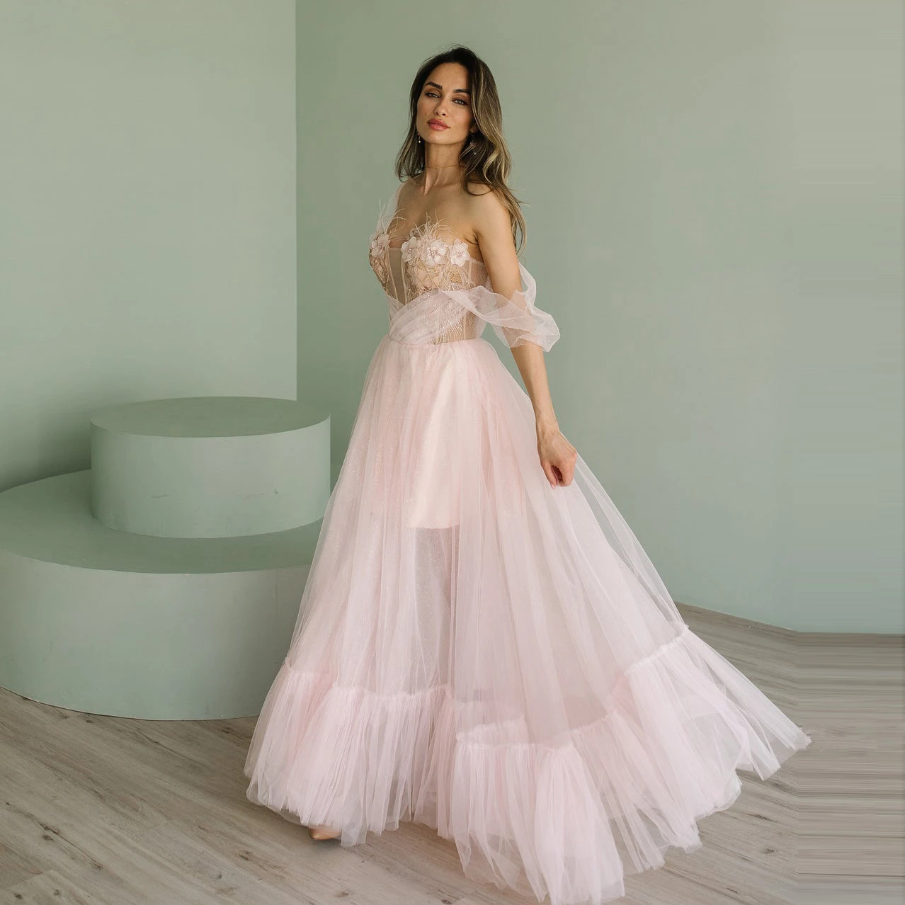 evening gowns with sleeves Blush Pink Lace Off-Shoulder Wedding Dress Custom Made Unique Beautiful Princess Bridal Gown for A Train Wedding Sparkly Dress long sleeve evening dresses
