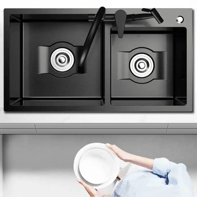 Современная Черная кухонная раковина с двойным корытом, 304 нержавеющая сталь, не швейная корыта, черная раковина