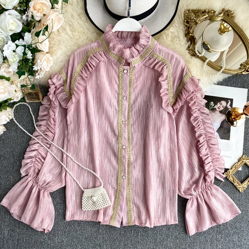 pink Neploe, винтажный Дворцовый стиль, блузка, рубашки, яркий шелк, оборки, пэчворк, Blusas, женские топы, стоячий ворот, элегантные блузки 55861 - Цвет: pink