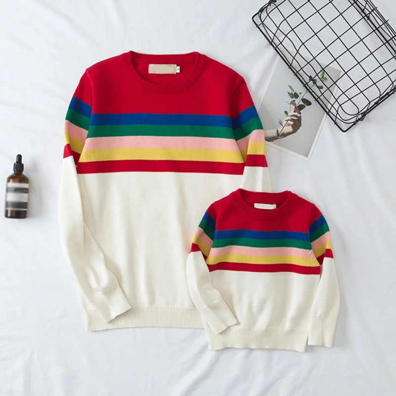 

2020 New Sweater Family Matching Outfit Parent-Child Boys Girls Knit Round Neck Pullover Rainbow Stripes Bottoming Shirt