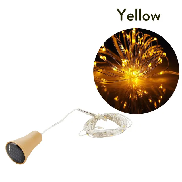 10LED 15LED 20LED Solar LED Cork Wine Bottle Stopper Copper Garland Wire Fairy String Light 1M/1.5M/2M Outdoor Party Decoration yellow