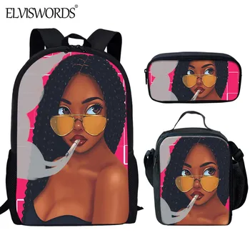 

ELVISWORDS Girls Cartoon School Backpack Black African Women Print Schoolbag Set 2020 Back to School Book Bag mujer mochila