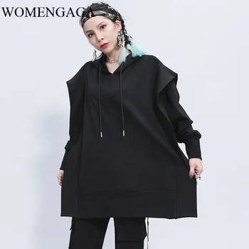 

Korea 2020 New Spring Solid Color Hooded Sweatshirt Women Personality Loose Casual Mid-length Splice Tops Tide Y107