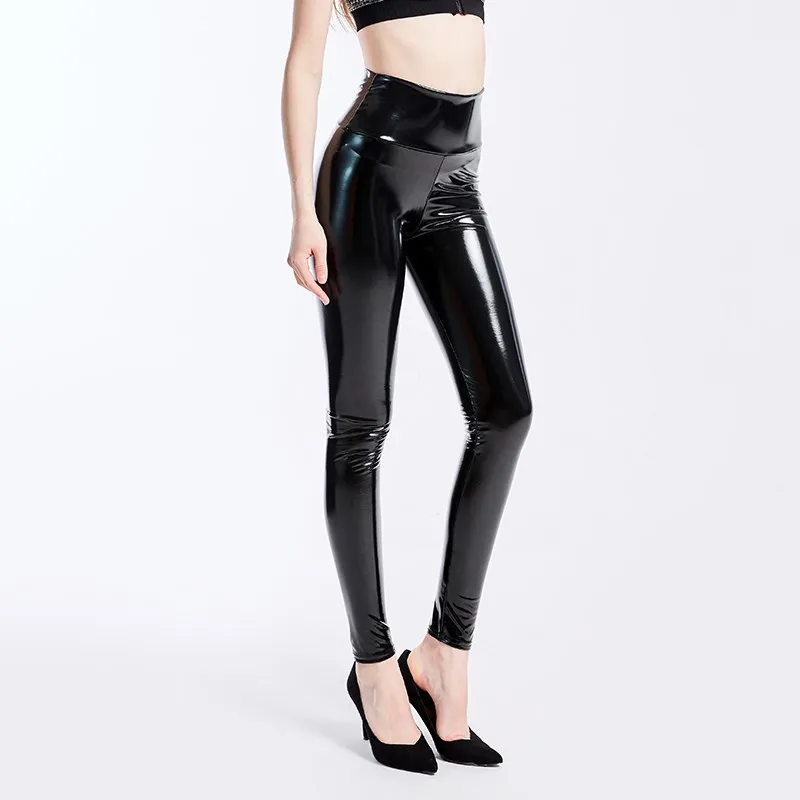 Lady Solid Black Leather Leggings 