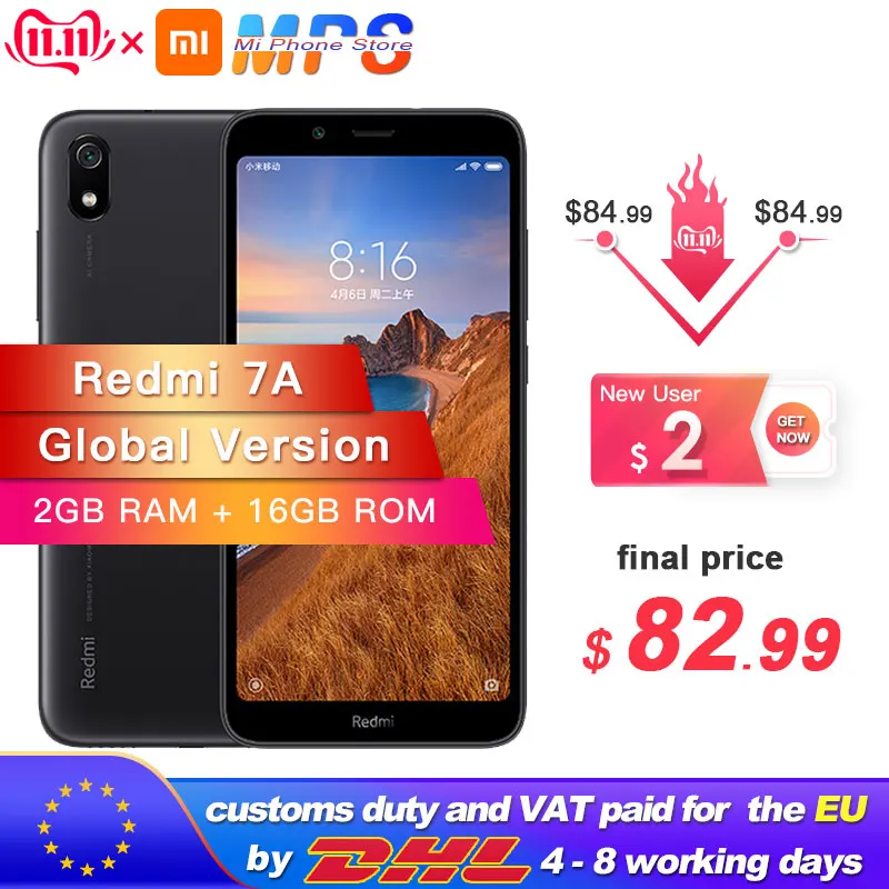 Xiaomi Redmi 7A 7 A с глобальной версией, 2 ГБ, 16 Гб ПЗУ, Восьмиядерный мобильный телефон 5,4" Snapdargon 439, аккумулятор 4000 мАч, камера 13 МП