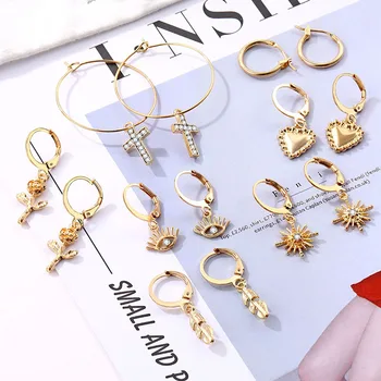 

EN Vintage Rose Heart Geometric Drop Dangle Earrings Set Crystal Feather Moon Eye Hoops Earrings for Women Charm Jewelry