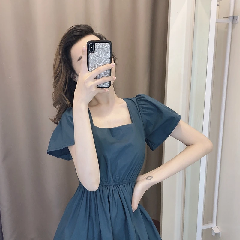 2021 New French Retro Hepburn Style Waist-Tight Square Collar Dress Sneaky Design Platycodon Grandiflorum Temperament | Женская одежда