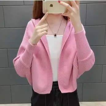 Pink Вязаный кардиган с капюшоном, новая женская куртка, весна-осень, рукав «летучая мышь», шаль, свитера, женское короткое пальто, повседневные топы, свитера, OK354 - Цвет: Pink