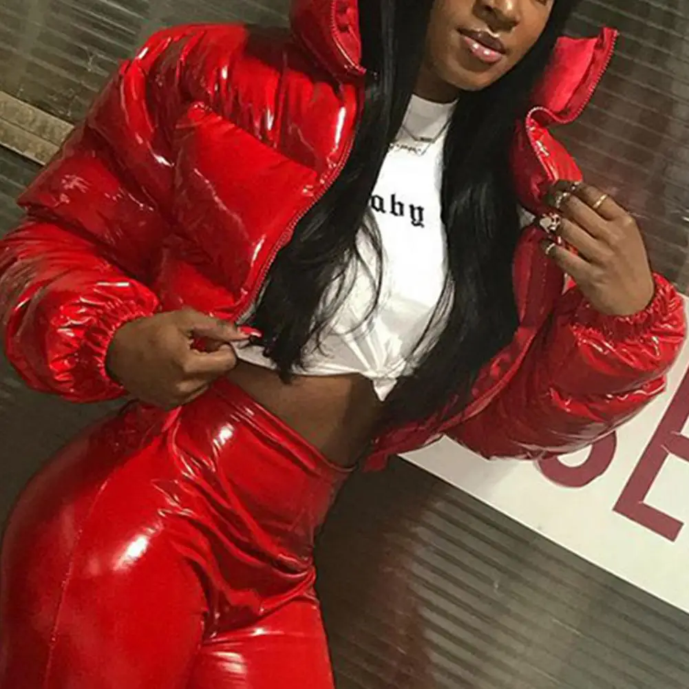 2021 zipper solid color coat high street coat winter women's short mirror pu coat stand-up collar full sleeves 1