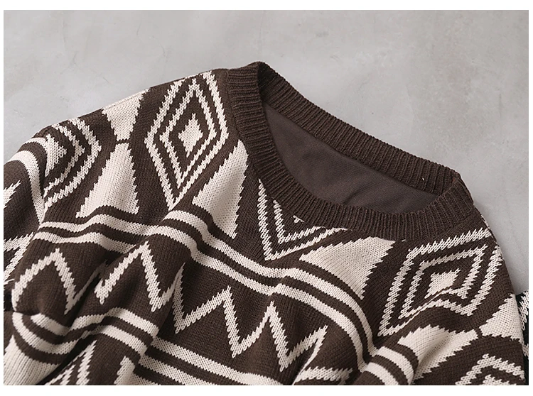 Зимний свитер большого размера, вязанный женский свободный топ, новинка, круглый вырез, геометрический рисунок, Повседневный Женский Универсальный свитер, ретро топы