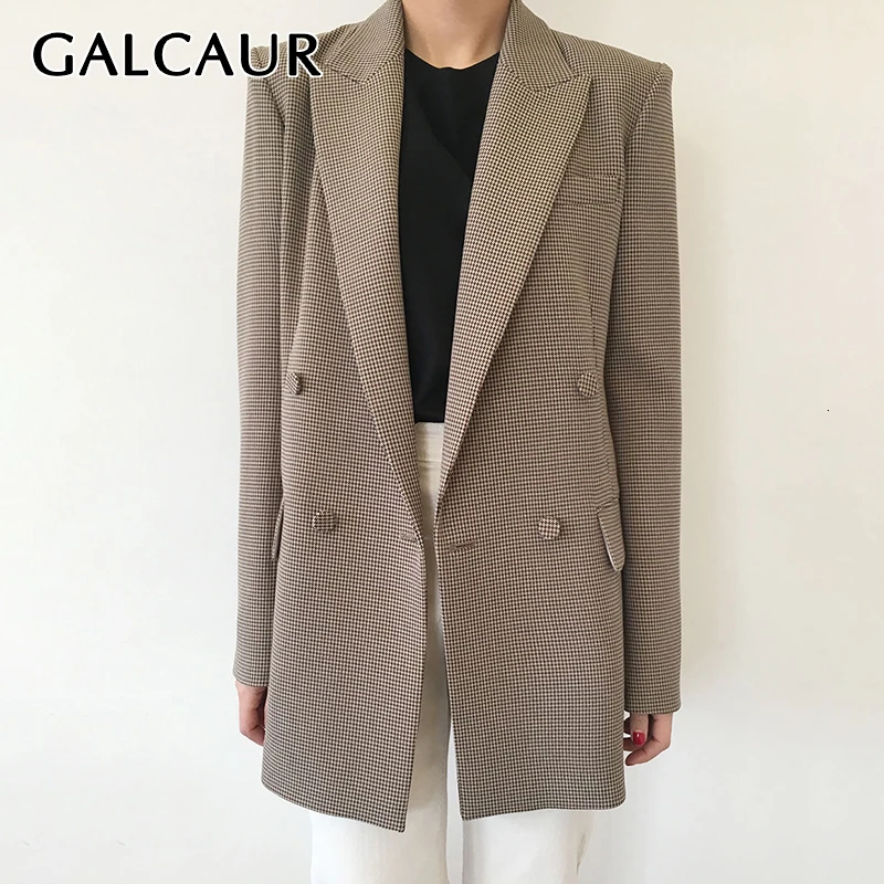 Женский блейзер в клетку GALCAUR корейский приталенный двубортный с длинным рукавом