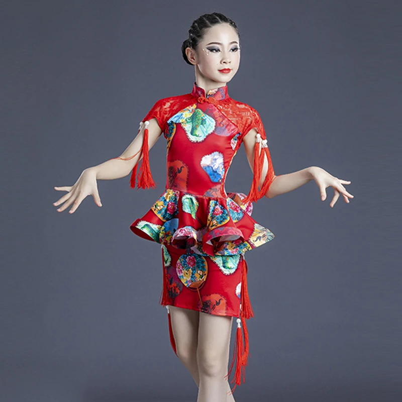 

Chinese Style Latin Dance Dress Girls Red Fringe Cheongsam Dress Performance Costume Ballroom Dance Clothes Stage Wear BL7534