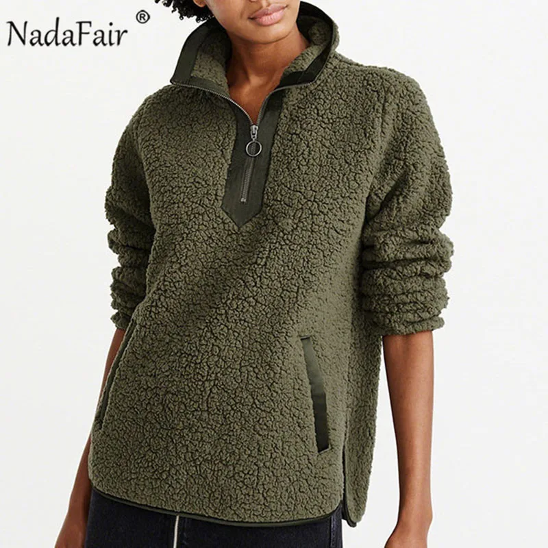  Nadafair Casual Oversized Fluffy Hoodie Women Christmas Zip Up Faux Fur Winter Fleece Sweatshirt Ho