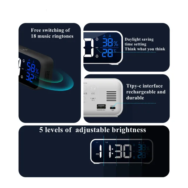 LED Music Alarm Clock Temperature Humidity Voice Control/Alaways On Table Clock Dual Alarm Wall  Rechargeable Digital Clocks 4