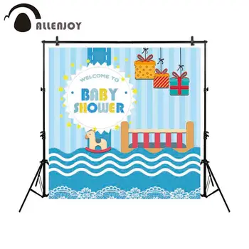 

Allenjoy Kindergarten Theme Photophone Welcome Baby Shower Boy Trojan Blue Stripes Backdrop Celebrate Newborn Crib Banner Decor