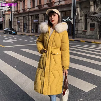 

2019 winter new Korean women's large fur collar hooded lantern sleeves stitching pocket zipper casual warm long section Parkas